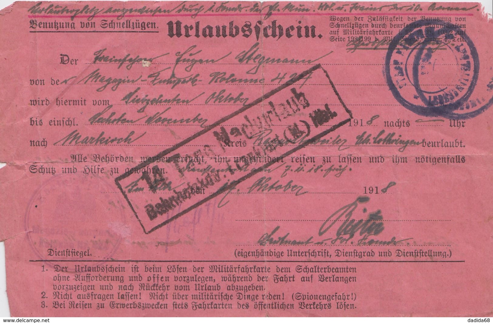 GUERRE 14-18 - CERTIFICAT DE PERMISSION - ARMÉE ALLEMANDE - RARE - Guerre 1914-18