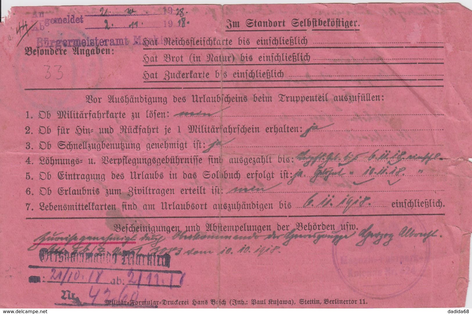 GUERRE 14-18 - CERTIFICAT DE PERMISSION - ARMÉE ALLEMANDE - RARE - Guerre 1914-18