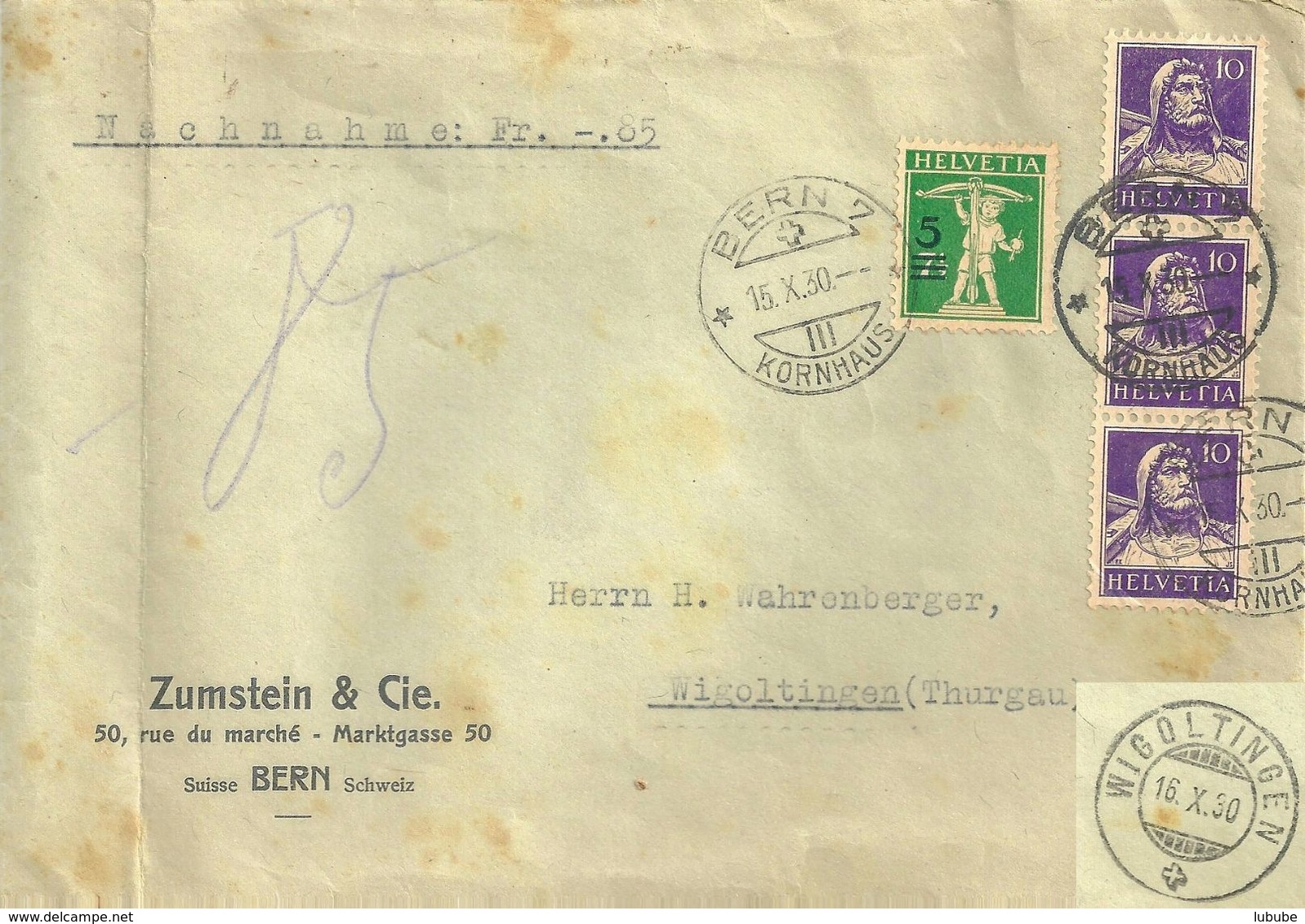 NN Brief  "Zumstein, Briefmarken, Bern" - Wigoltingen              1930 - Briefe U. Dokumente