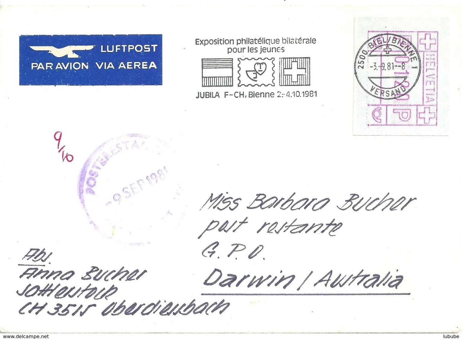 Airmail Brief  Biel - Darwin  (ATM-Frankatur)         1981 - Storia Postale