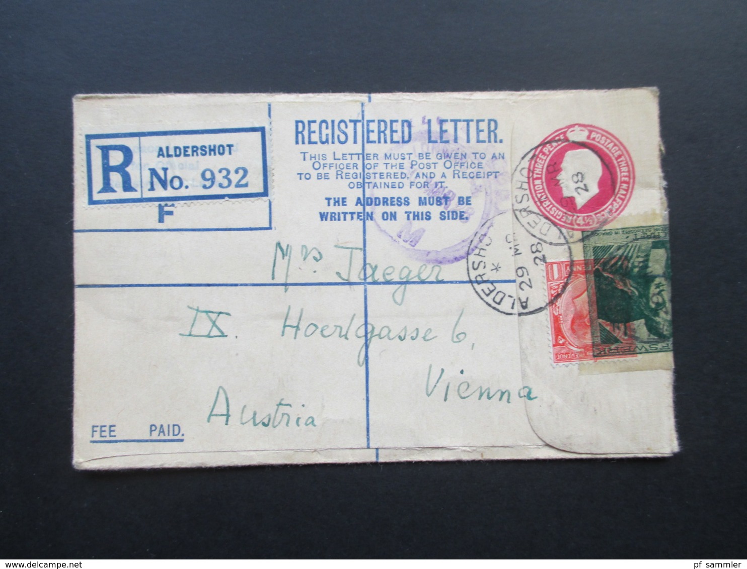 GB 1928 Registered Letter Aldershot No. 932 Nach Wien. Zusatzfrankatur Mit Vignette überklebt Kinderhilswerk Grado - Brieven En Documenten