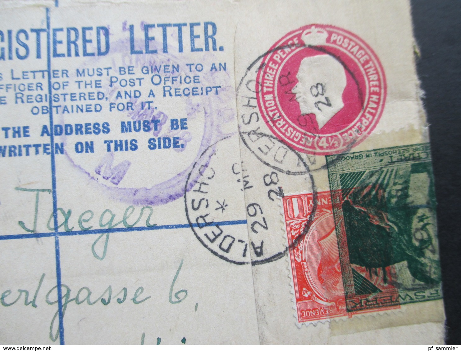 GB 1928 Registered Letter Aldershot No. 932 Nach Wien. Zusatzfrankatur Mit Vignette überklebt Kinderhilswerk Grado - Cartas & Documentos