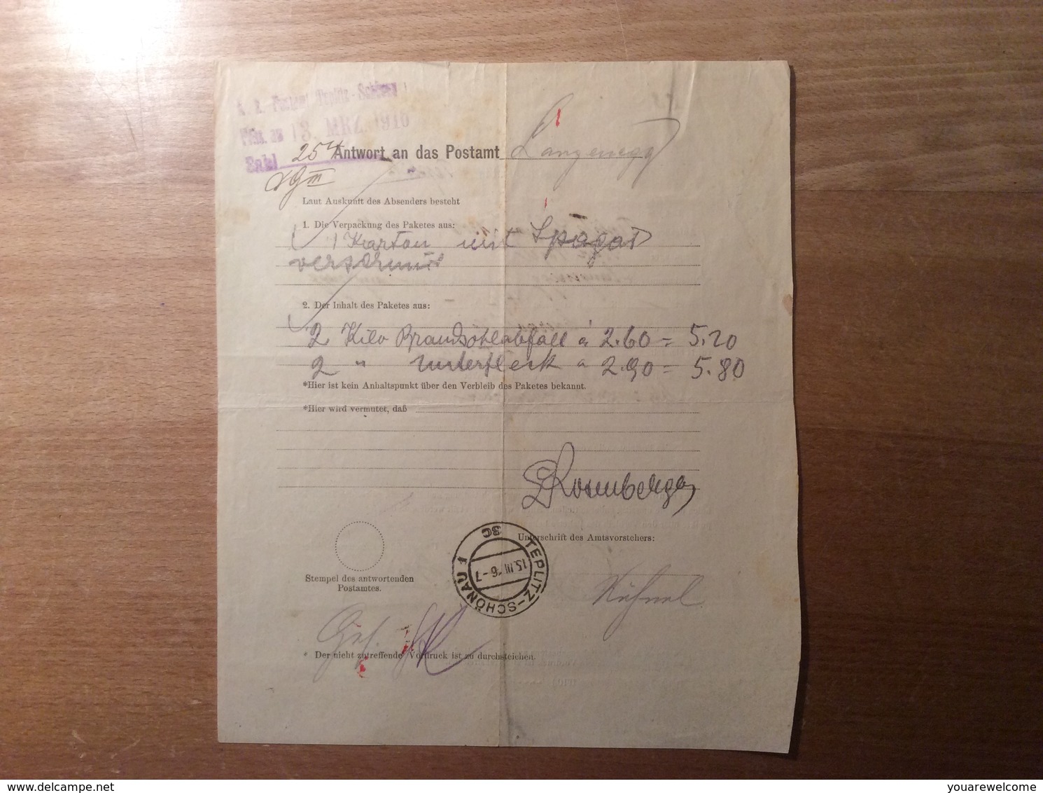 Österreich 1916 Postformular Nachforschung Paket Langenegg Vorarlberg > Teplitz-Schönau  (BRIEF - Briefe U. Dokumente