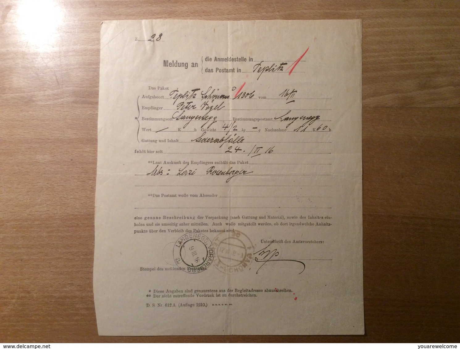 Österreich 1916 Postformular Nachforschung Paket Langenegg Vorarlberg > Teplitz-Schönau  (BRIEF - Briefe U. Dokumente