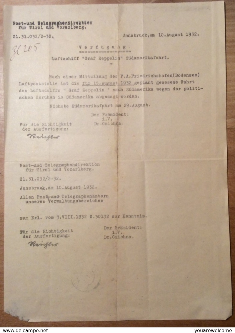 Österreich 1932 Postformular Verfügung GRAF ZEPPELIN SÜDAMERIKAFAHRT Innsbruck > Langenegg Vorarlberg  (BRIEF - Briefe U. Dokumente