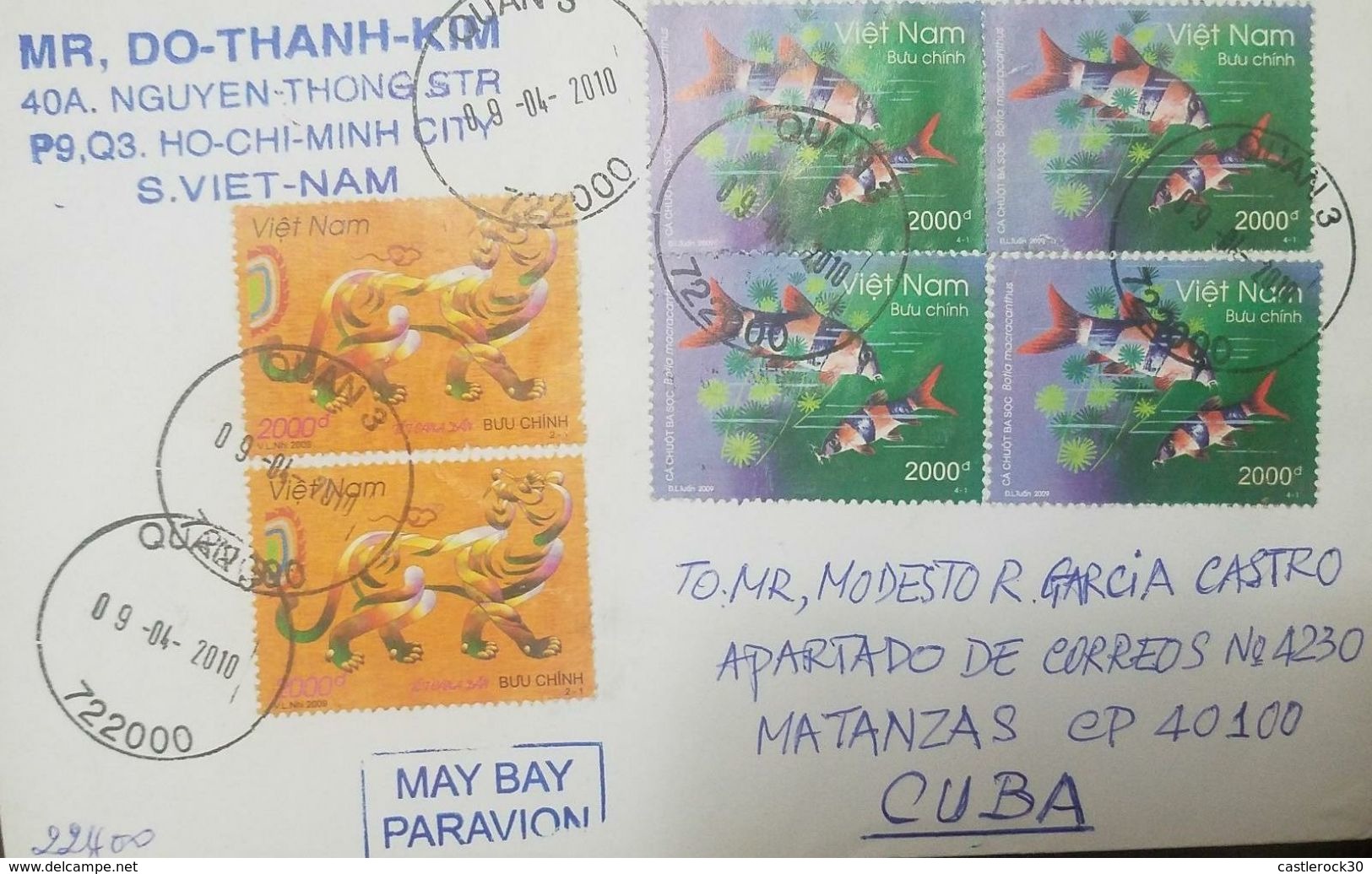 L) 2010 VIETNAM, FISHES, GREEN, VIOLET, 2000D, YEAR OF THE TIGER, CIRCULATED COVER FROM VIETNAM TO CUBA - Vietnam