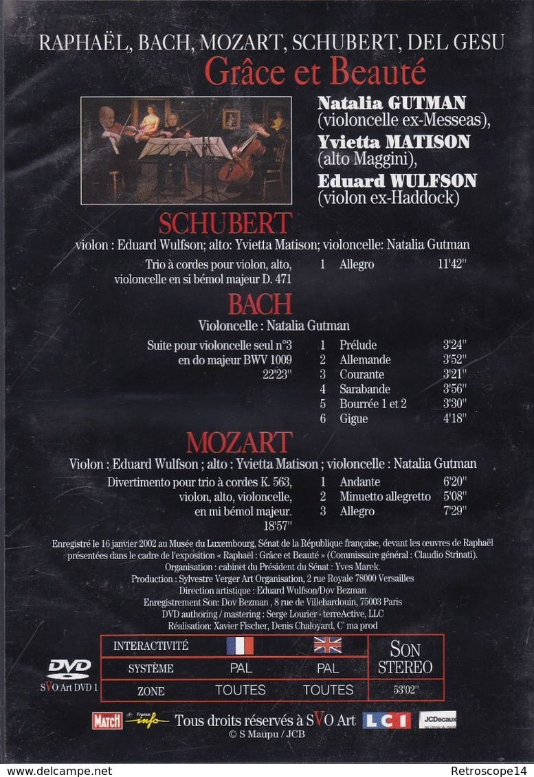 RARE. DVD GRÂCE ET BEAUTÉ RAPHAËL MOZART BACH SCHUBERT GUTMAN WULFSON - Music On DVD