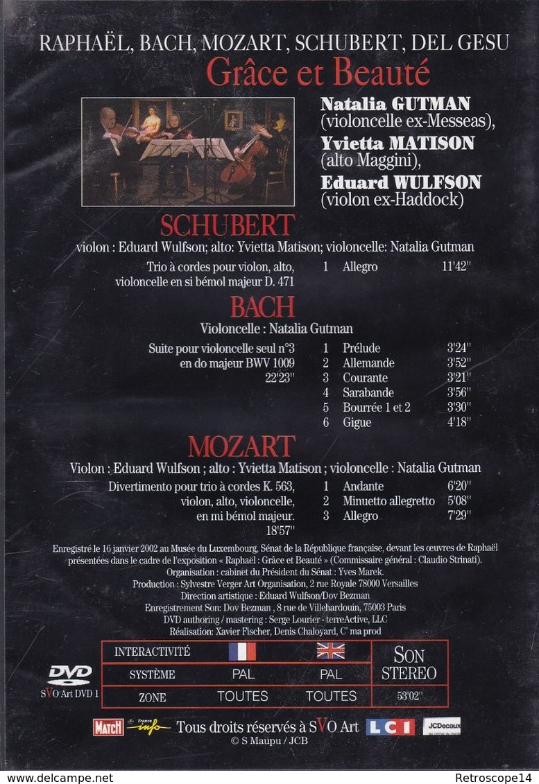 RARE. DVD GRÂCE ET BEAUTÉ RAPHAËL MOZART BACH SCHUBERT GUTMAN WULFSON - DVD Musicali