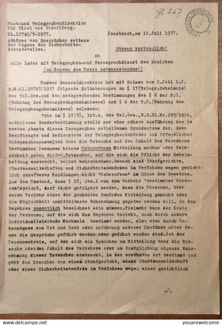 Österreich 1937 Postformular Geheime Verfügung ABHÖREN TELEFON GESPRÄCHEN Innsbruck > Langenegg Vorarlberg (Zensur BRIEF - Briefe U. Dokumente