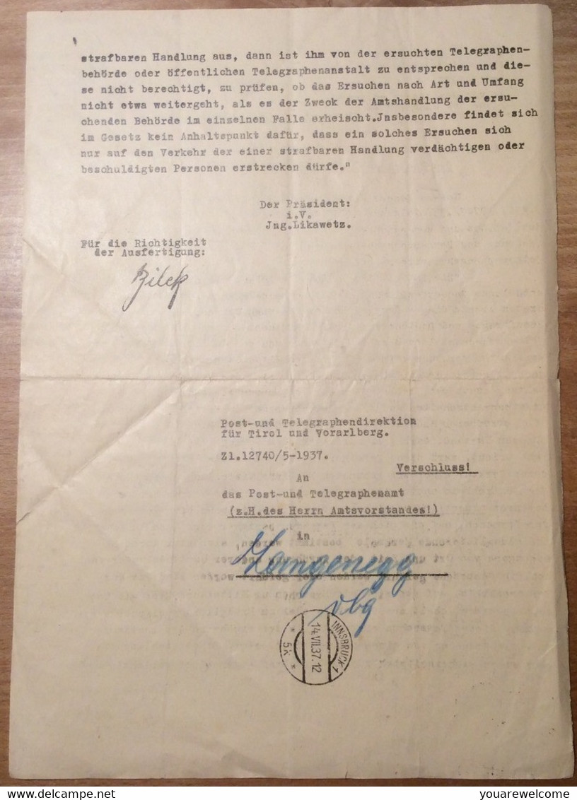 Österreich 1937 Postformular Geheime Verfügung ABHÖREN TELEFON GESPRÄCHEN Innsbruck > Langenegg Vorarlberg (Zensur BRIEF - Briefe U. Dokumente