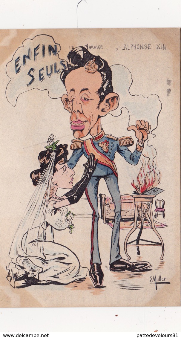 CPA ESPAGNE Le Mariage D' Alphonse XIII Anti-clérical Bible Brûlée Monarque Caricature Satirique Illustarteur E. MULLER - People