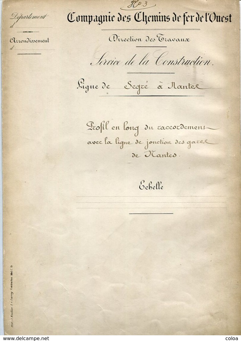 Chemin De Fer De L’Ouest Ligne De SEGRE à NANTES, Profil En Long 1859 - Europe