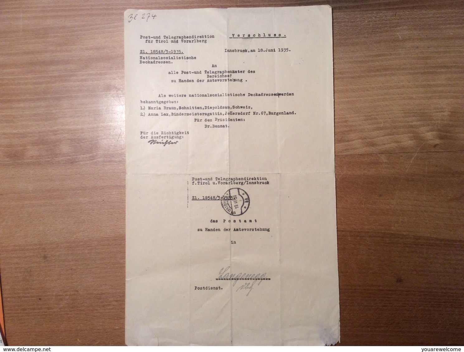 Österreich 1935 Postformular NSDAP DECKADRESSEN POST-ZENSUR   (Innsbruck Langenegg Vorarlberg BRIEF - Briefe U. Dokumente