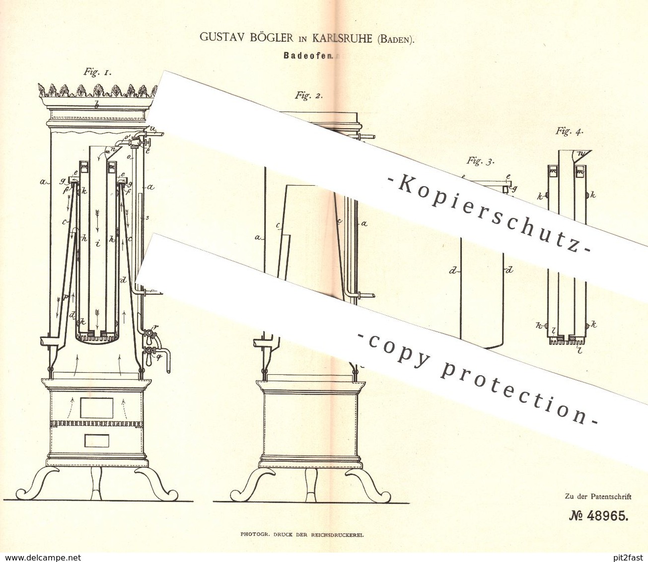 Original Patent - Gustav Bögler , Karlsruhe , 1889 , Badeofen | Ofen , Ofenbauer , Feuerung , Heizung , Badewanne , Öfen - Historische Dokumente