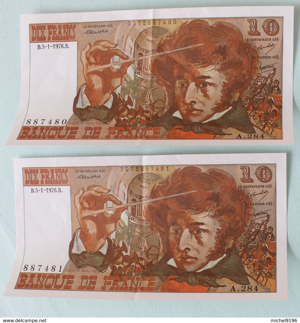 2 Billets De 10 Francs Berlioz 5.1.1976 Numéros Qui Se Suivent - 10 F 1972-1978 ''Berlioz''