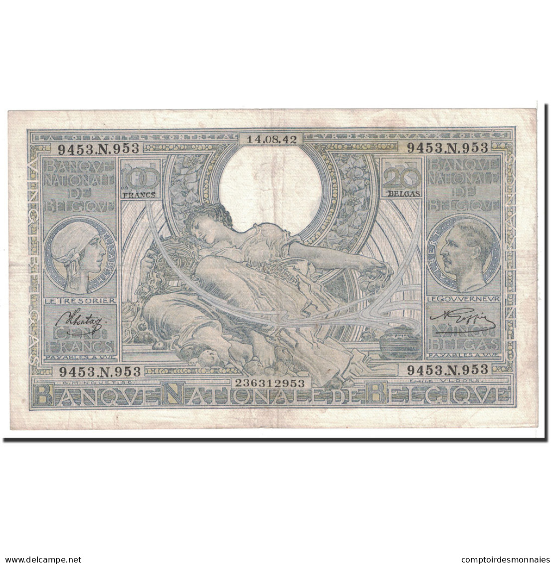 Billet, Belgique, 100 Francs-20 Belgas, 1942, 1942-08-14, KM:107, TTB - 100 Francs & 100 Francs-20 Belgas