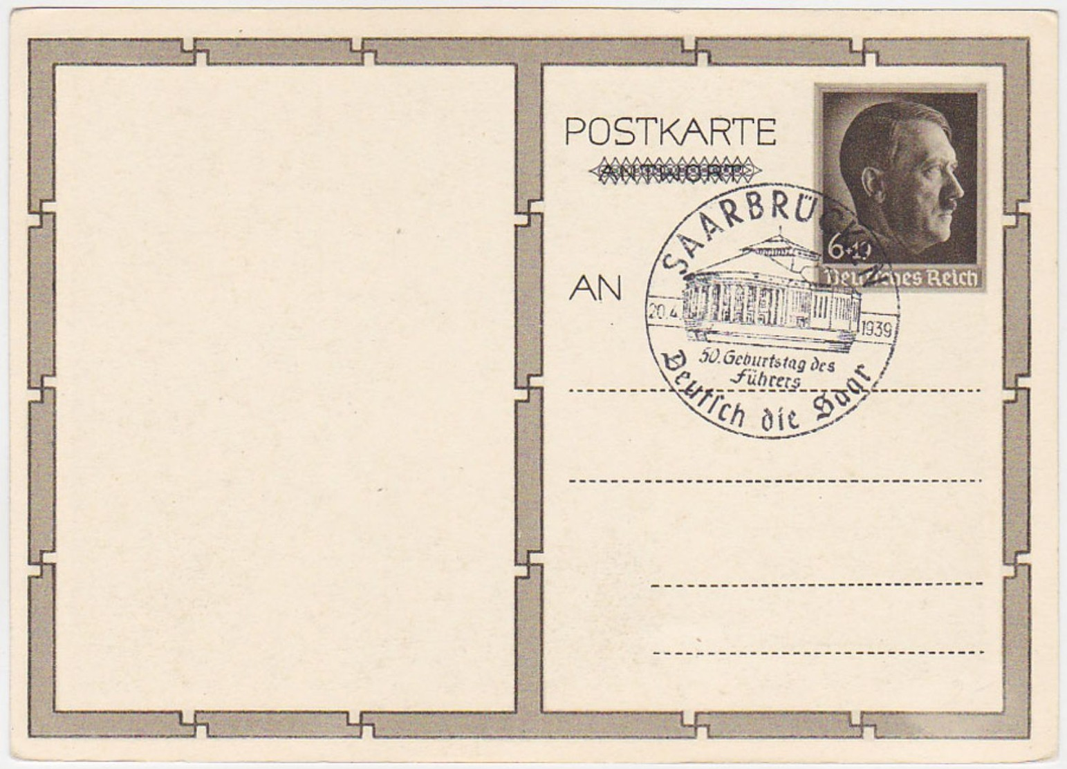 GERMANY 1939 (20.4.) P.ST.HITLER BIRTHDAY CARD P 278/02 PROPAGANDA PM SAARBRÜCKEN - Other & Unclassified