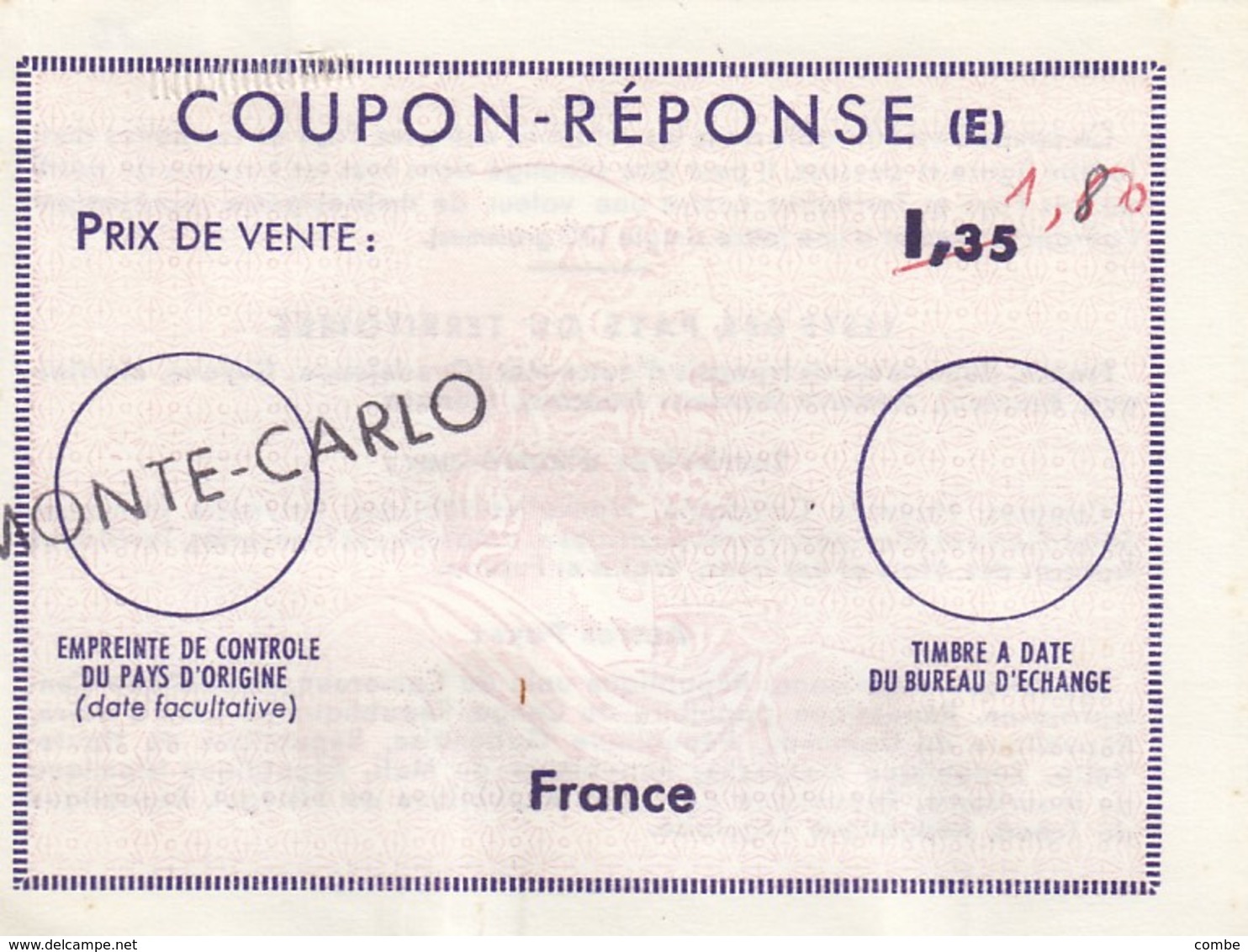 REPLY COUPON REPONSE.   1.35/1.80  MONTE-CARLO   /  15 - Antwortscheine