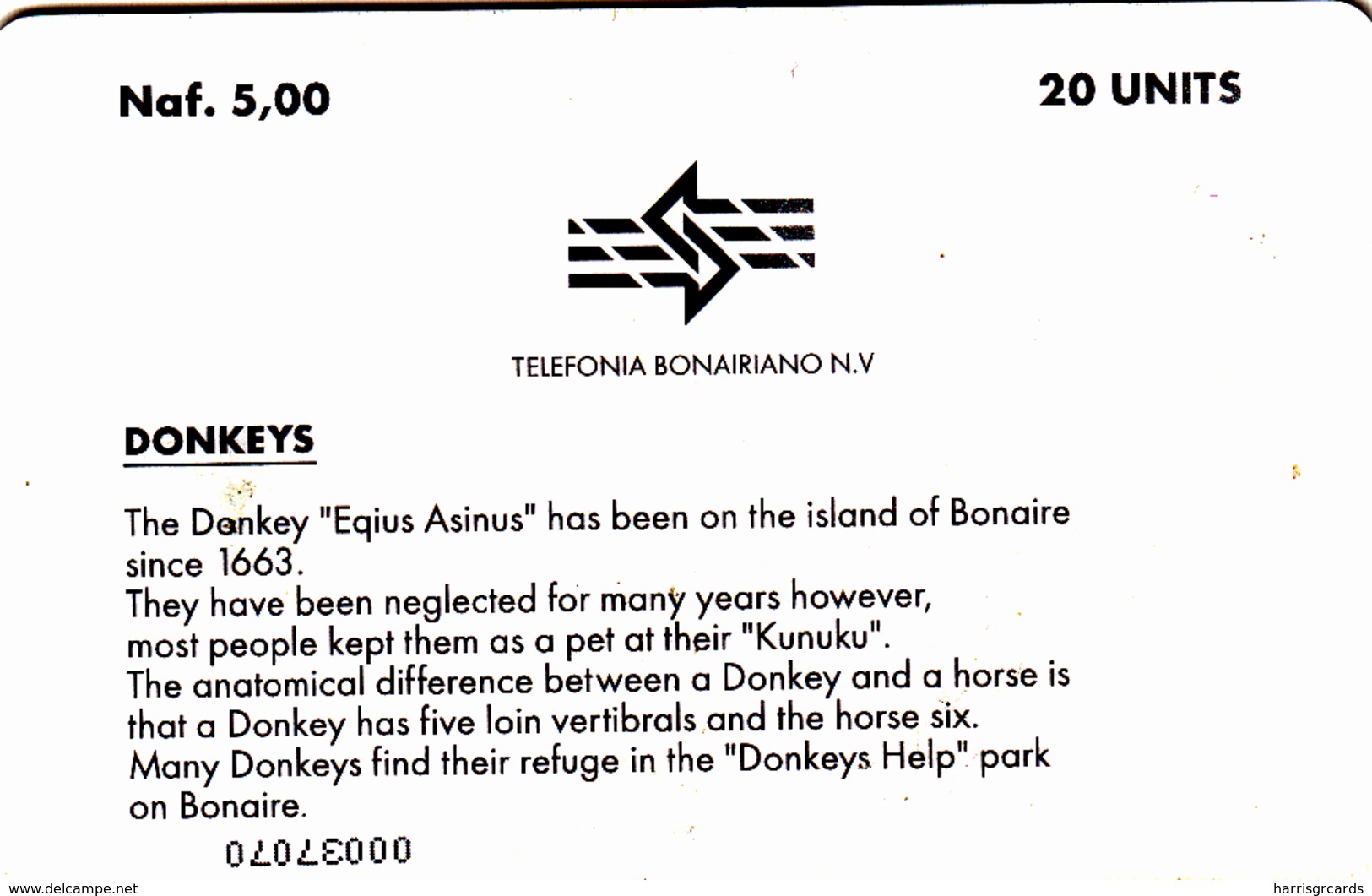 ANTILLES BONAIRE - Donkeys (Black Chip) , 20 U, 1999, Used - Antillen (Niederländische)