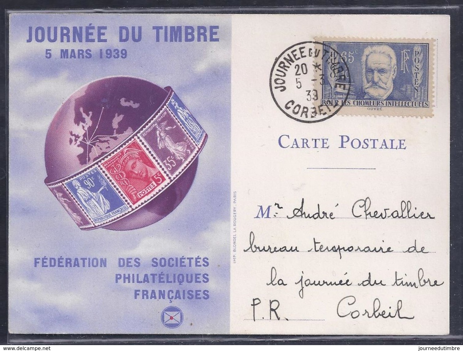 Carte Federale Journee Du Timbre 1939 Corbeil Victor Hugo - Lettres & Documents