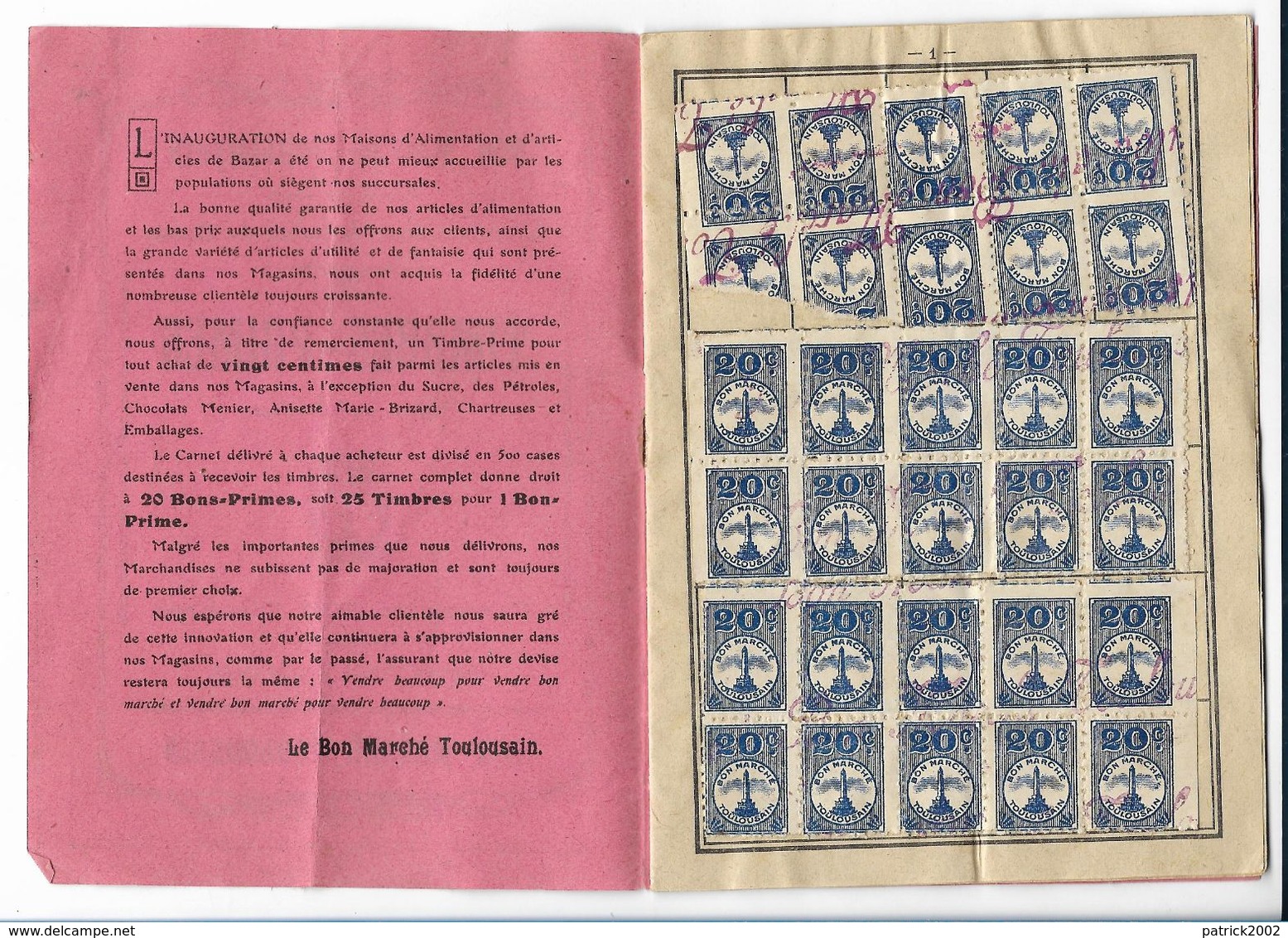 BON MARCHÉ TOULOUSAIN / TIMBRES-PRIMES / CARNET DE 500 TIMBRES - Advertising