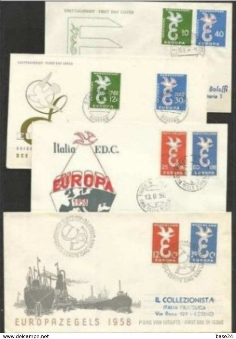 1958 Europa CEPT EUROPE 8 FDC: Belgio, Italia, Germania, Lussemburgo, Francia, Olanda, Saar Colomba Dove - 1958