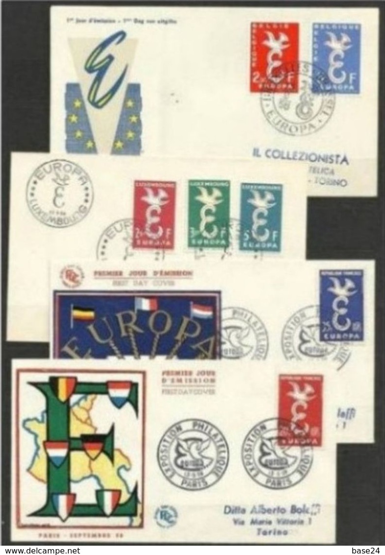 1958 Europa CEPT EUROPE 8 FDC: Belgio, Italia, Germania, Lussemburgo, Francia, Olanda, Saar Colomba Dove - 1958