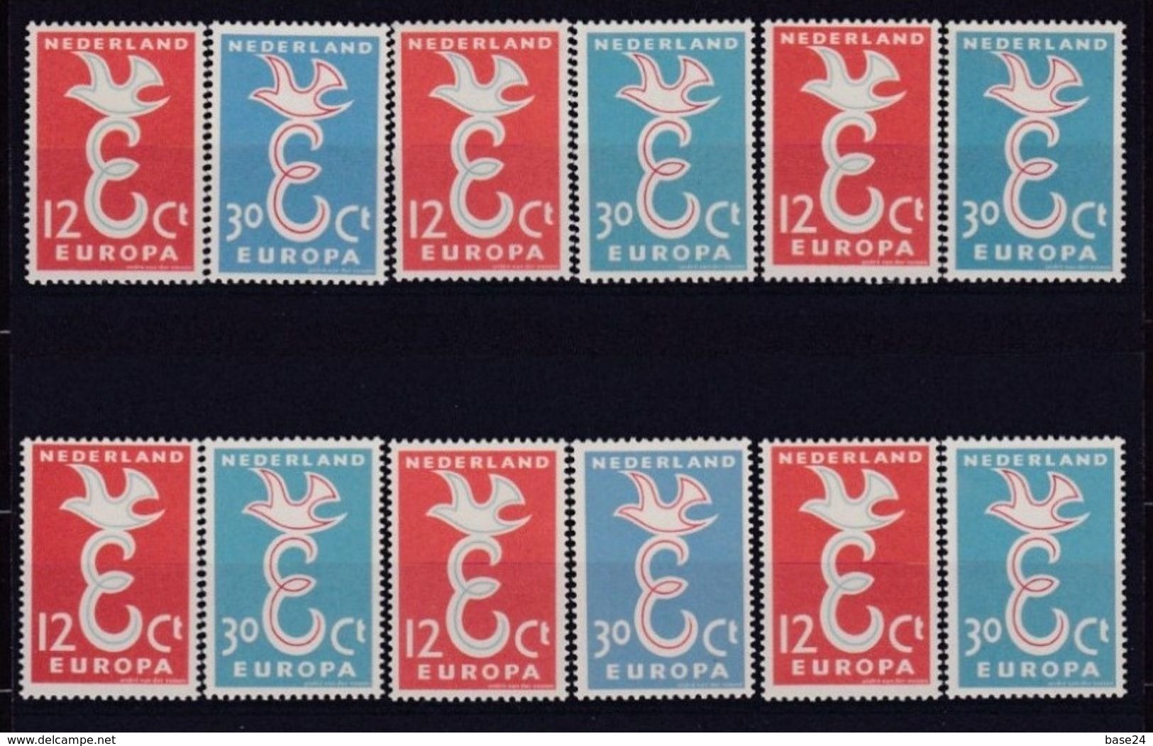 1958 Olanda Holland Nederland EUROPA CEPT EUROPE 6 Serie Di 2v. MNH** Colomba Dove - 1958