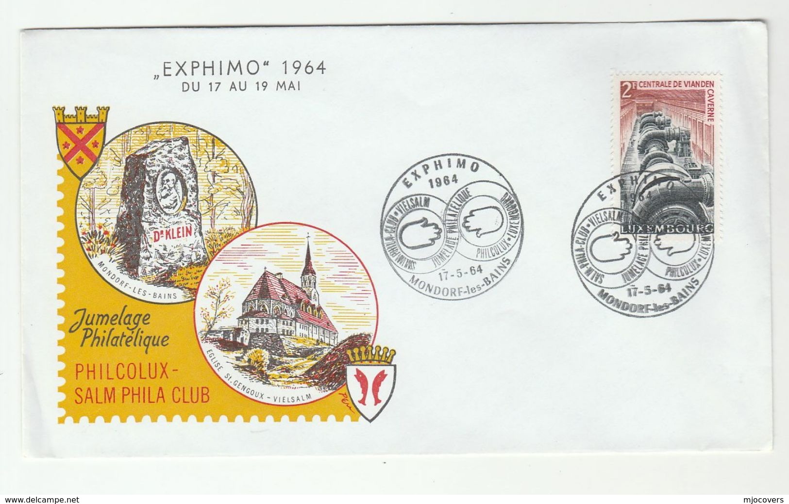 1964 LUXEMBOURG EXPHIMO EVENT COVER Mondorf Les Bains DR KLEIN ST GENGOUX CHURCH  HYDRO ELECTRICITY  Energy Religion - Covers & Documents