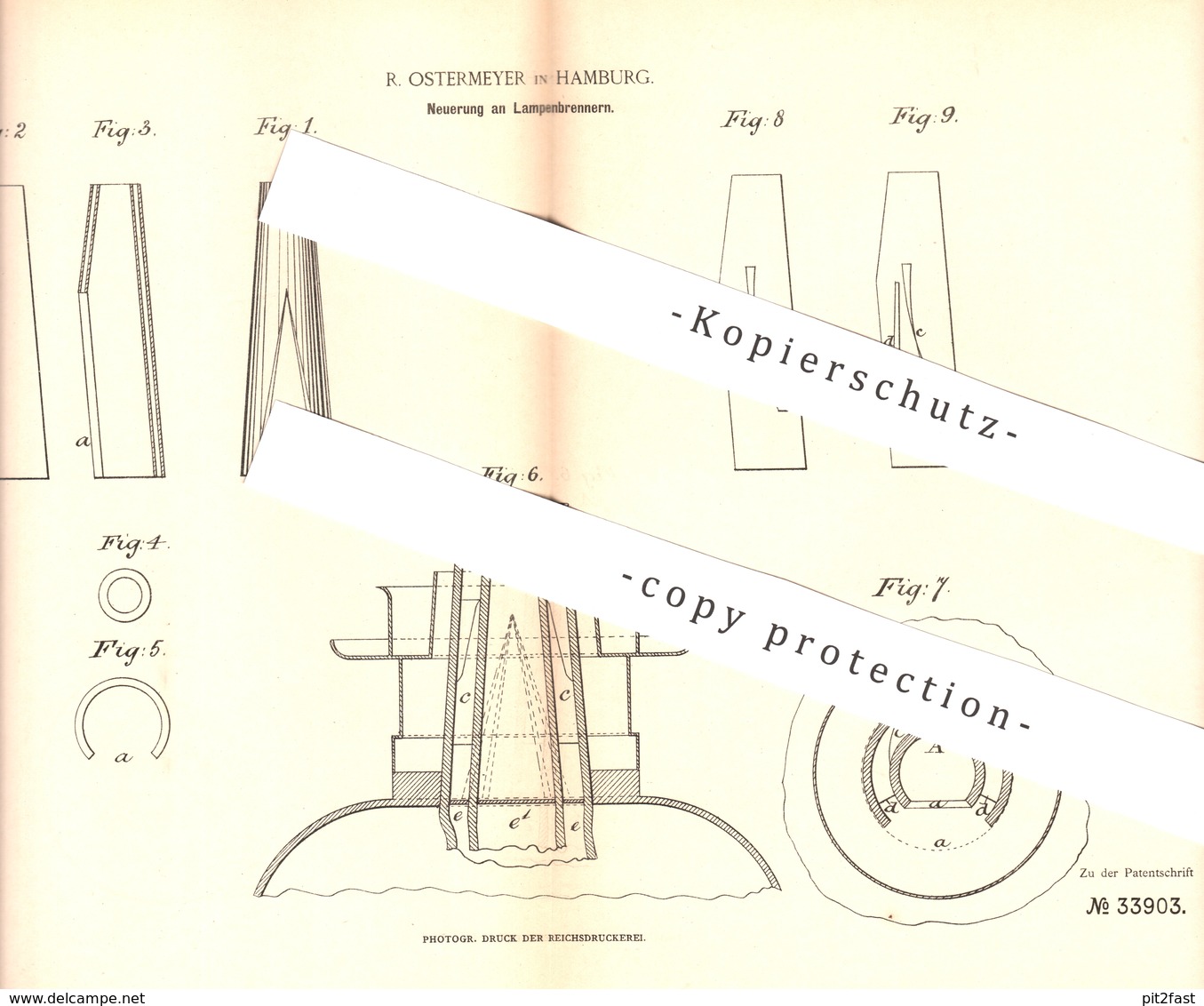Original Patent - R. Ostermeyer , Hamburg , 1885 , Lampenbrenner | Lampe , Brenner , Licht , Gasbrenner , Petroleum !! - Documentos Históricos