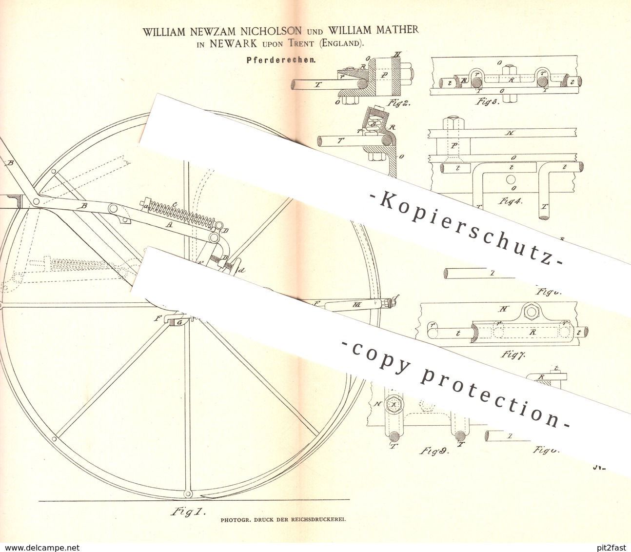 Original Patent - William Newzam Nicholson , William Mather , Newark Upon Trent , England , Pferde - Rechen | Landwirt - Historische Dokumente