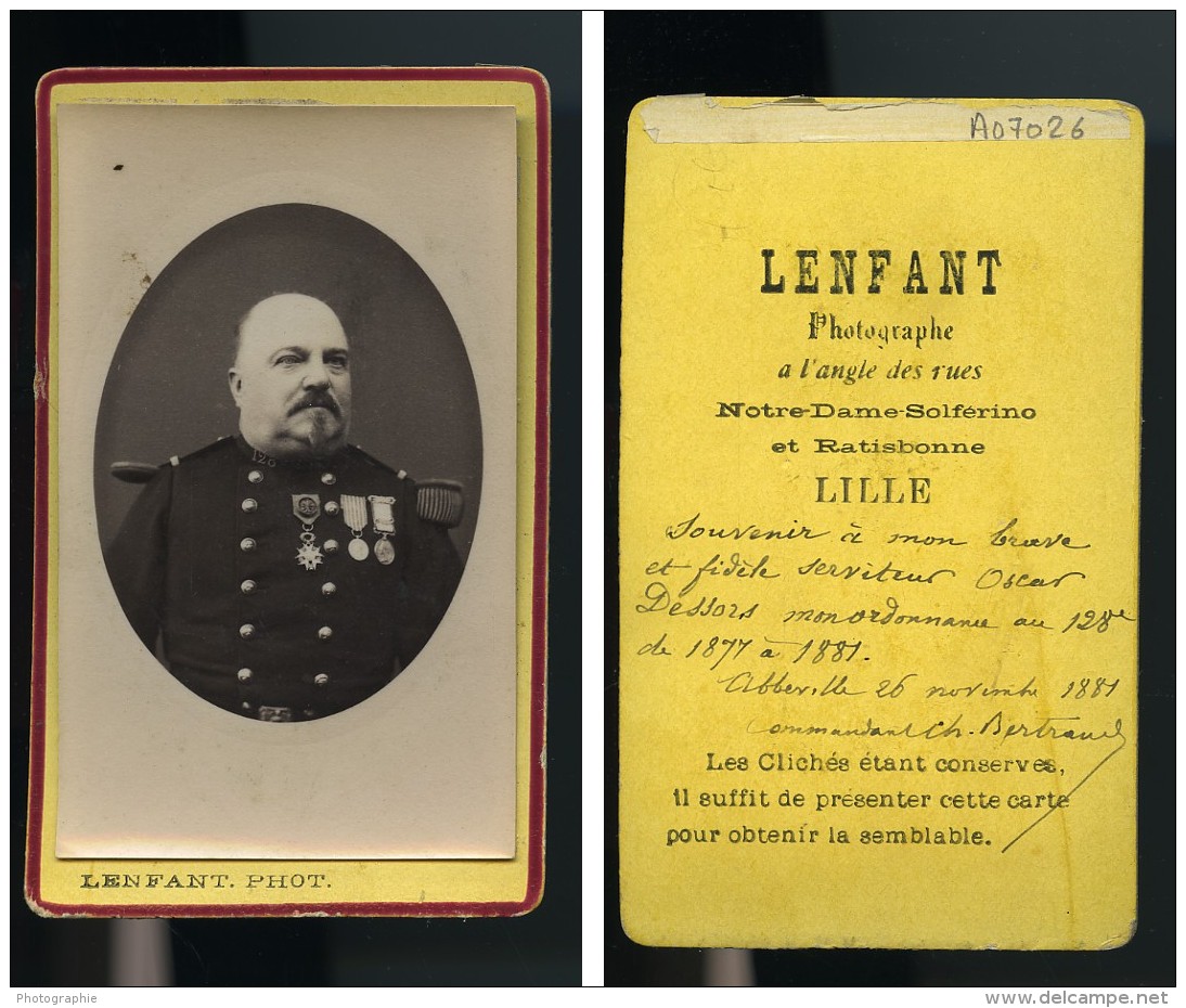 France Lille Militaire Commandant Bertrand Medailles Dedicace Ancienne CDV Photo Lenfant 1881 - Old (before 1900)