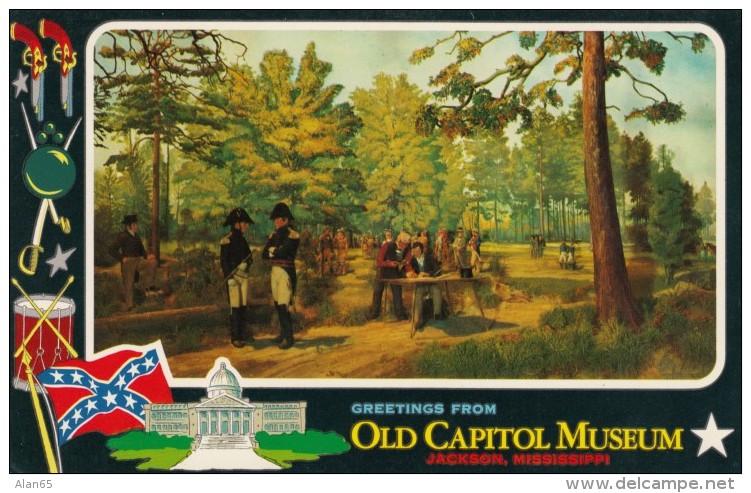 Jackson Mississippi, Old Capitol Musuem, 1820 Chocktaw Treaty Signing, Confederate Flag, C1960s Vintage Postcard - Jackson