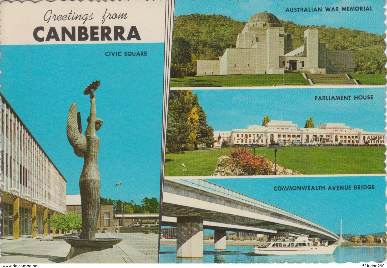 CPSM Greetings From Canberra (avec 4 Vues : Civic Square, Australian War Memorial ... - Canberra (ACT)