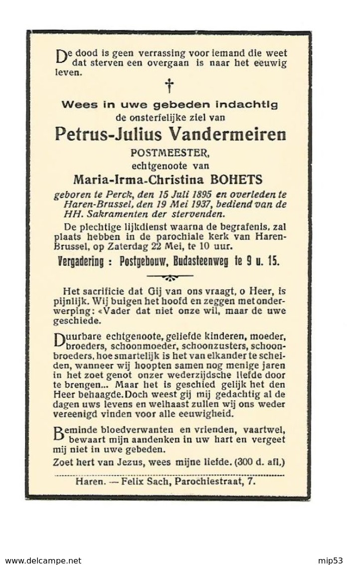 D 92. PETRUS-JULIUS VANDERMEIREN - Postmeester - °PERCK 1895 / +HAREN-BRUSSEL 1937 - Devotieprenten