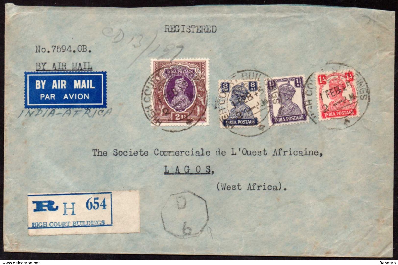 British India To Nigeria Censored Registered Airmail Cover 1-FEB-1945 - 1882-1885 Stellaland