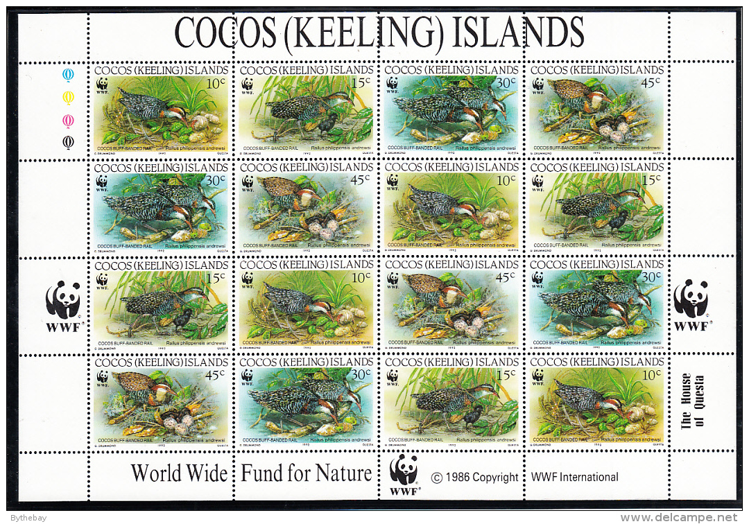 Cocos (Keeling) Islands 1992 MNH Scott #262 Sheet Of 16 4 Strips Of 4 WWF Buff-banded Rail - Cocos (Keeling) Islands