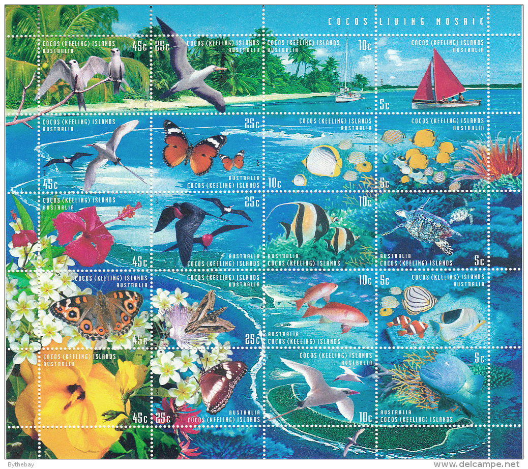 Cocos (Keeling) Islands 1999 MNH Scott #331 Sheet Of 20 5 Strips Of 4 Map, Fish, Butterflies Turtle - Isole Cocos (Keeling)