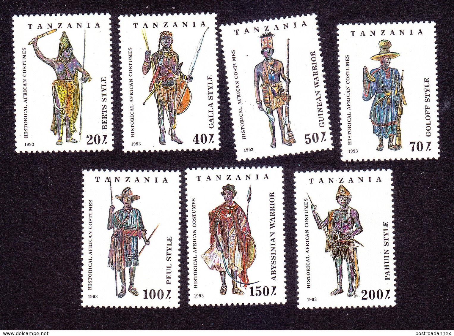 Tanzania, Scott #1193-1199, Mint Hinged, Historical African Costumes, Issued 1993 - Tanzanie (1964-...)