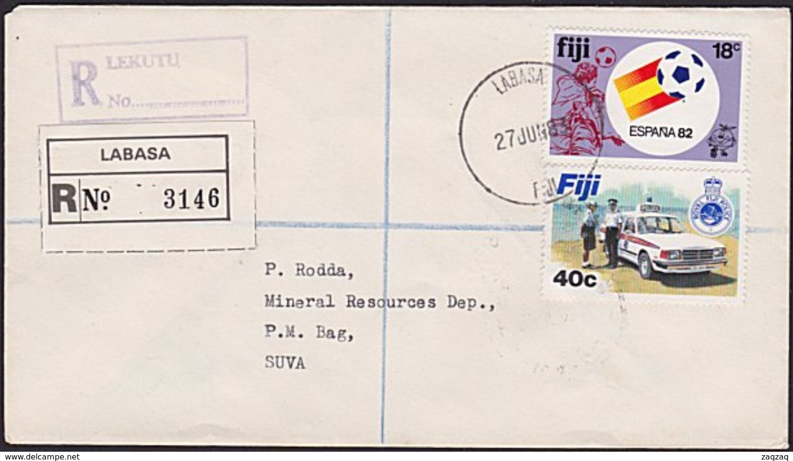 FIJI 1983 Registered Cover LABASA & LEKUTU, 18c World Football Cup Etc.....5916 - Fiji (1970-...)