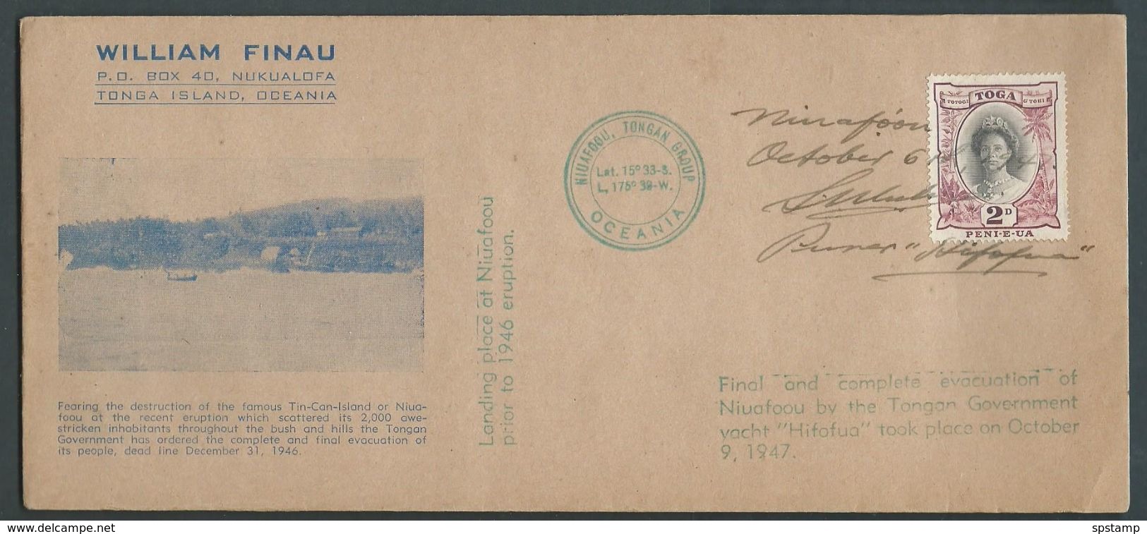 Tonga 1947 Niuafo'ou Evacuation Cover With 2d Queen Salote Single Tied By Manuscript Cancel - Tonga (...-1970)