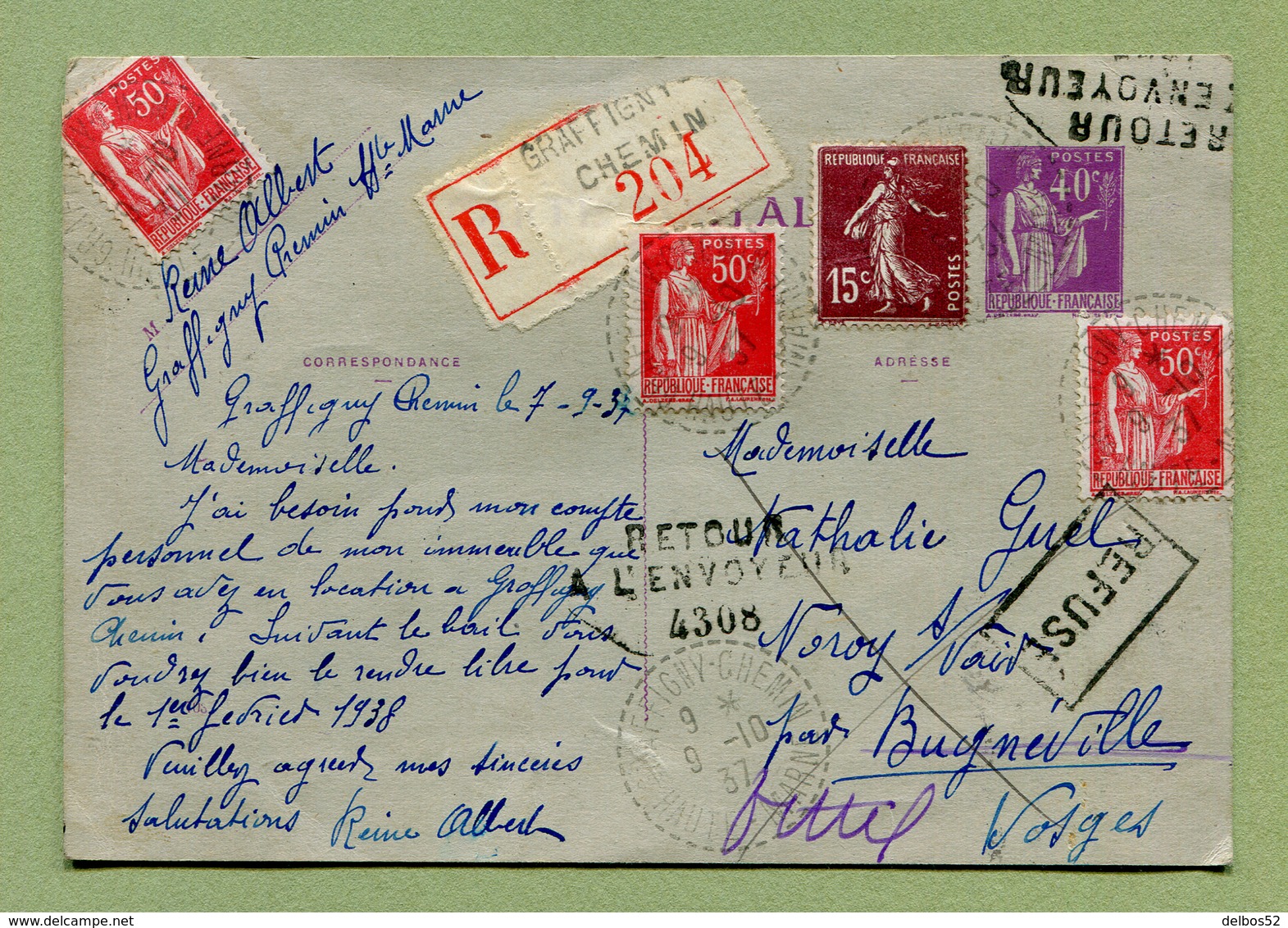 Type  PI A1  : GRAFFIGNY-CHEMIN  Entier Recommandé Avec Retour à L'envoyeur 4308 - Standard Postcards & Stamped On Demand (before 1995)