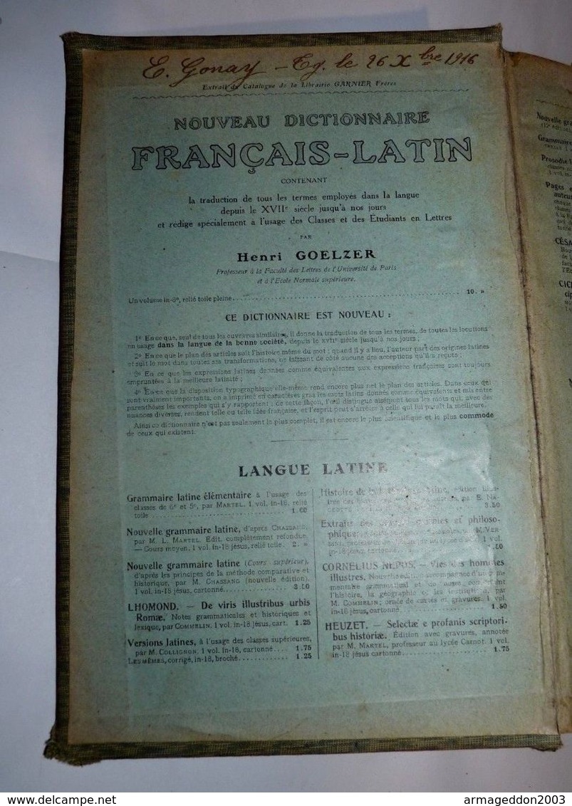 RARE ANCIEN DICTIONNAIRE LATIN FRANCAIS 1912 BENOIST GOELZEL 6eme EDITION 1713 P - Woordenboeken