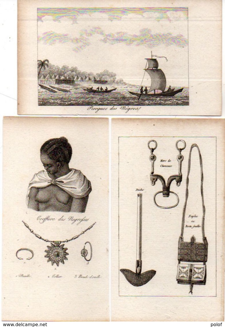 .3 Gravures) Coiffure Des Négresses Avec Bijoux (Seins Nus) - Pirogue Des Negres - Instruments    (103910) - Documents Historiques