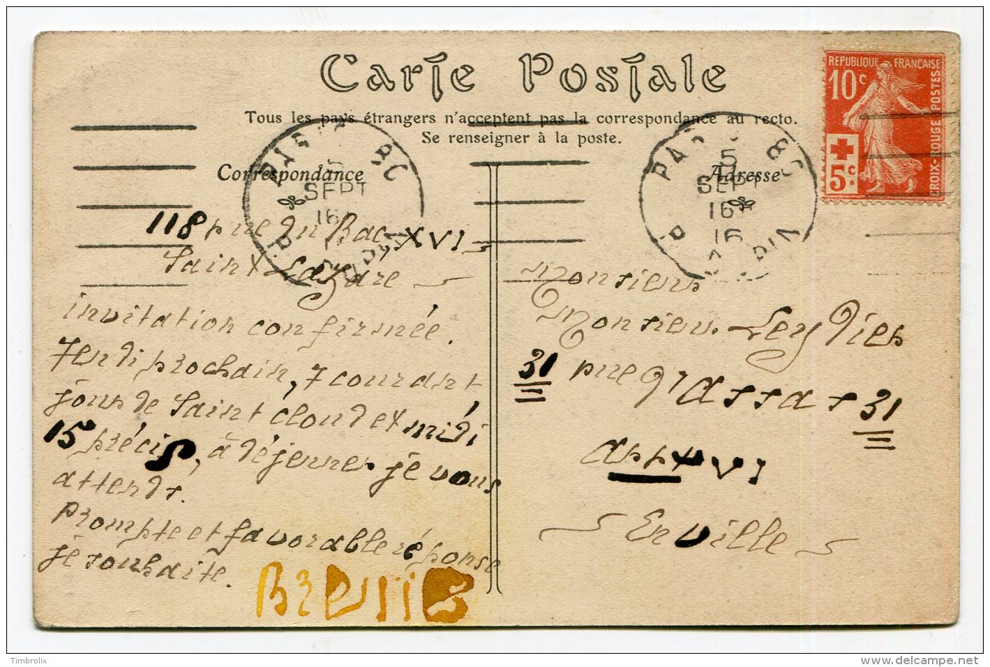 FRANCE - SEUL SUR CARTE-POSTALE - CROIX-ROUGE N° 147 Oblitération "PARIS 80" Du 5 SEPT 16 - 1877-1920: Période Semi Moderne