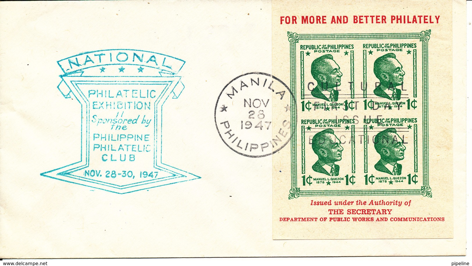 Philippines FDC 28-11-1947 Mini Sheet National Philatelic Exhibition Manila  28-30/11-1947 - Expositions Philatéliques