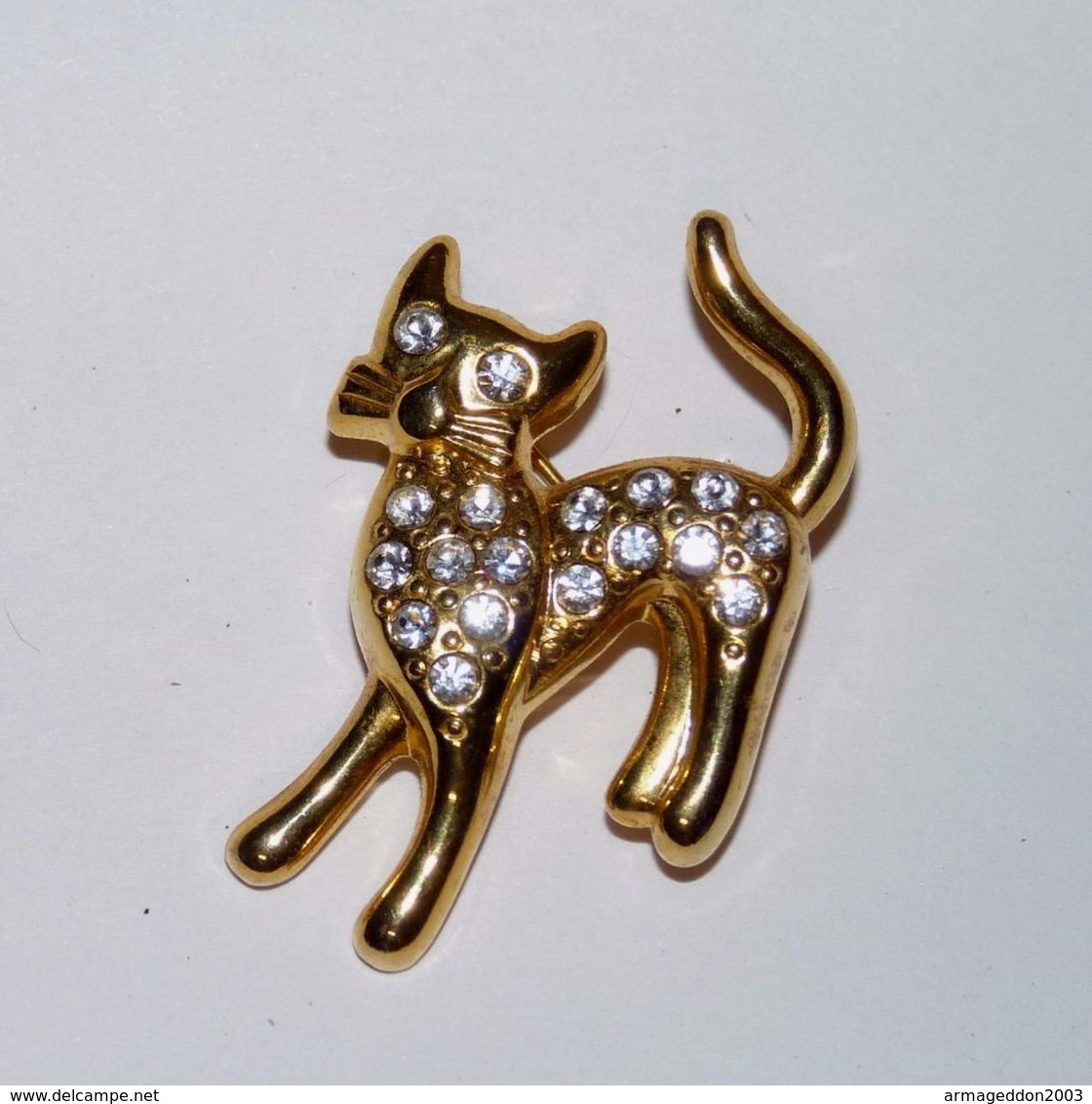 BROCHE Doré CHAT STRASS TBE COMME NEUVE - Brooches