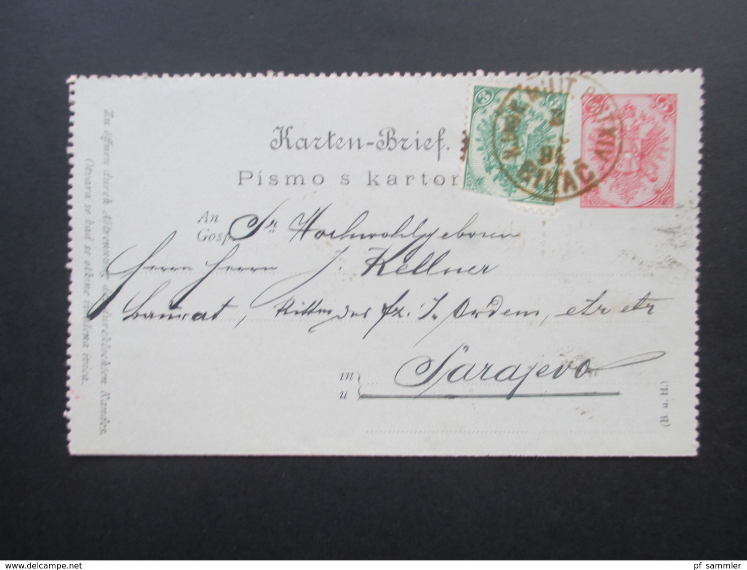 Österreich / Bosnien 1894 Kartenbrief K2 Mit Zusatzfrankatur Nr. 3 Bihac - Sarajevo. Ritter / Orden - Bosnien-Herzegowina