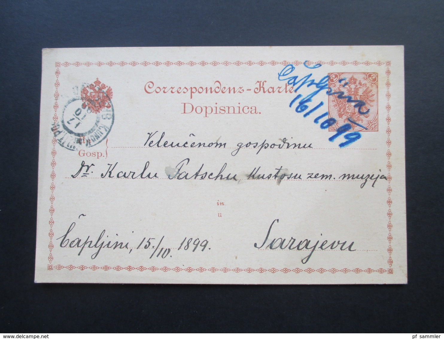 Österreich / Bosnien 1899 GA Mit Handschriftlicher Entwertung Capljina Nach Sarajevo Karl Patsch Kustos Landesmuseum - Bosnia Herzegovina