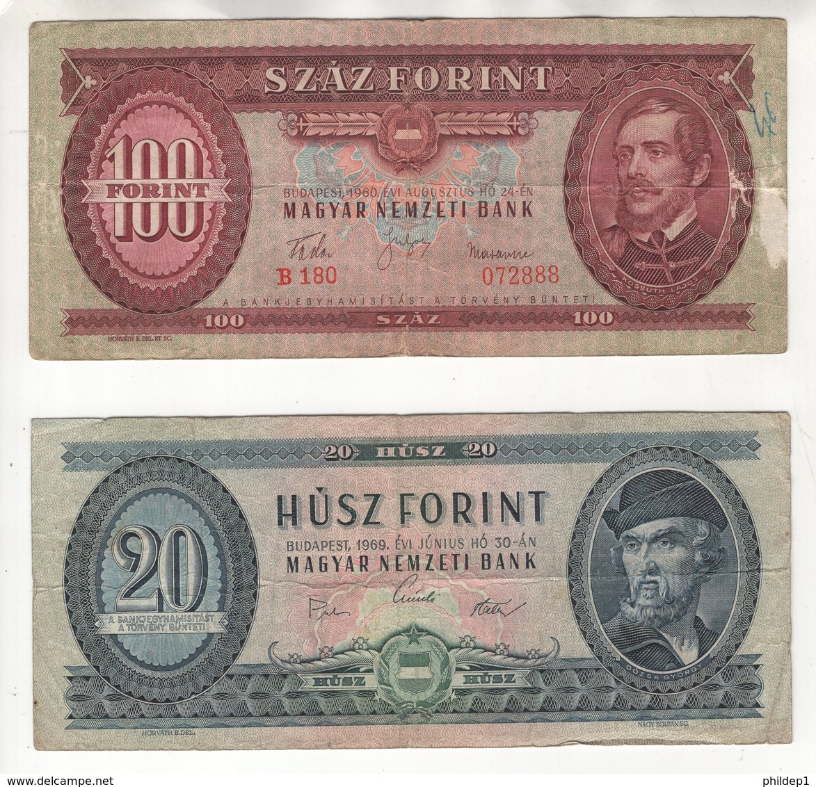 Petit Lot De 2 Billets D'Hongrie. 20 Forint (30/6/1969) Pick #169e Et 100 Forint (24 Aôut 1960) Pick #171b - Hongrie